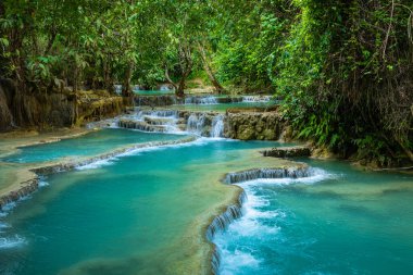 Kuang Si şelalesinin turkuaz suyu, Luang Prabang, Laos. Trop