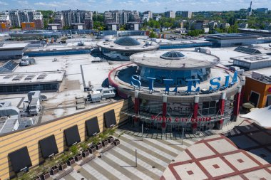 KATOWICE, POLAND - Haziran 01, 2020: Yukarı Silezya 'daki Silezya Şehir Merkezi' nin havadan çekilmiş fotoğrafı. Polonya.