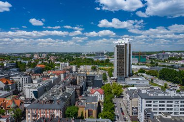 KATOWICE, POLAND - HAZİRAN 01, 2020: Katowice şehir merkezinin havadan görünüşü, Yukarı Silezya. Polonya.
