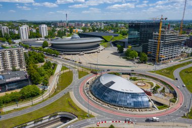 KATOWICE, POLAND - HAZİRAN 01, 2020: Katowice şehir merkezinin havadan görünüşü, Yukarı Silezya. Polonya.