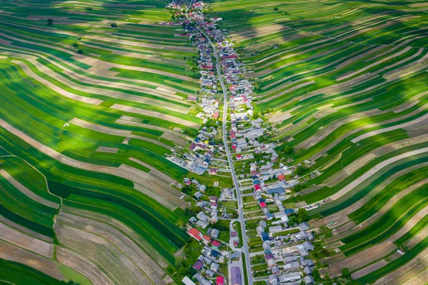 Polen Van Bovenaf Luchtfoto Van Groene Landbouwvelden Dorp Landschap Met — Stockfoto