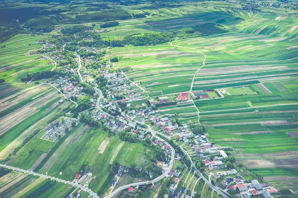 Polen Van Bovenaf Luchtfoto Van Groene Landbouwvelden Dorp Landschap Met — Stockfoto