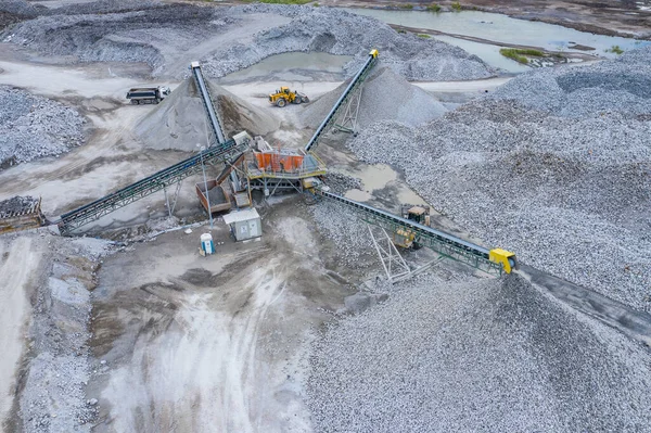 Open Pit Mine Top View. Aerial view of industrial mineral open pit mine. Opencast mining. Factory plant producing sand materials for construction industry.