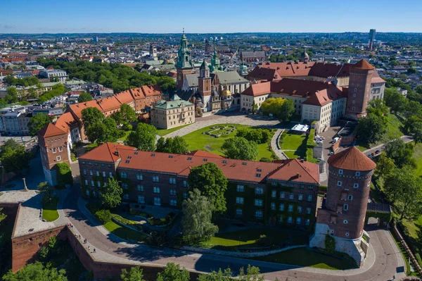 Krakow Kraliyet Wawel Kalesi Gotik Katedrali Nin Havadan Görünüşü Vistula — Stok fotoğraf