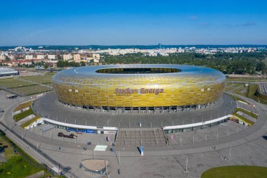 GDANSK, POLAND - 17 Haziran 2020: Stadyum Energa 'nın havadan görünüşü, yerel Lechia Gdansk takımının stadyumu. Gdansk, Polonya. 