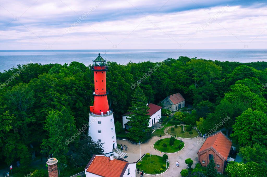 Aerial view of lighthouse in the small village of Rozewie on the Polish seashore of the Baltic Sea. Poland. Europe.