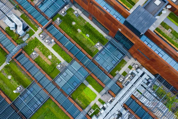 Air Condition Ventilation System Green Grass Ecology. Building Roof. Industrial Air system of ventilation and Air conditioning. Aerial Shot.