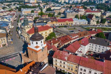 Lublin. Polonya. Eski şehrin havadan görünüşü. Lublin kuş bakışı turistik şehir merkezi. Yukarıdan popüler turizm merkezleri.