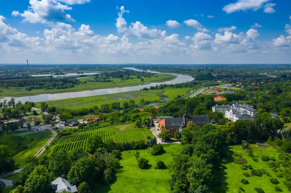 Sandomierz Polen Luftaufnahme Der Weichsel Und Der Grünen Felder — Stockfoto