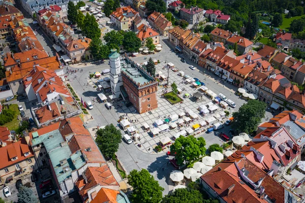 Sandomierz Polen Luftaufnahme Der Mittelalterlichen Altstadt Mit Rathaussturm Gotischer Kathedrale — Stockfoto