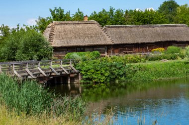 Polonya 'nın geleneksel köyü. Açık Hava Müzesi. Ahşap evler. Lublin Voyvoda 'nın farklı bölgelerinden ahşap halk mimarisi. Polonya