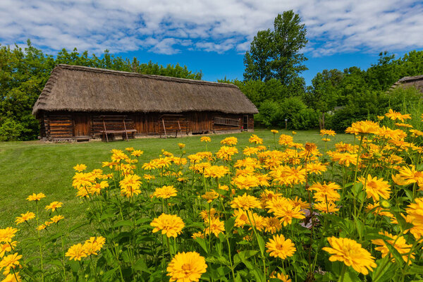 Traditional village in Poland. Open Air Museum. Wooden houses. Wooden folk architecture from different areas of the Lublin Voivodeship. Poland