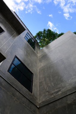 Ofis binası ve mavi gökyüzü üzerindeki yeşil ağaç, modern mimari..