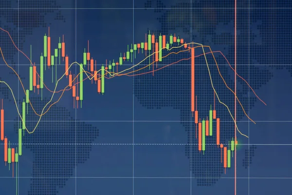青色の背景に市場取引条件を示す燭台のチャート — ストック写真