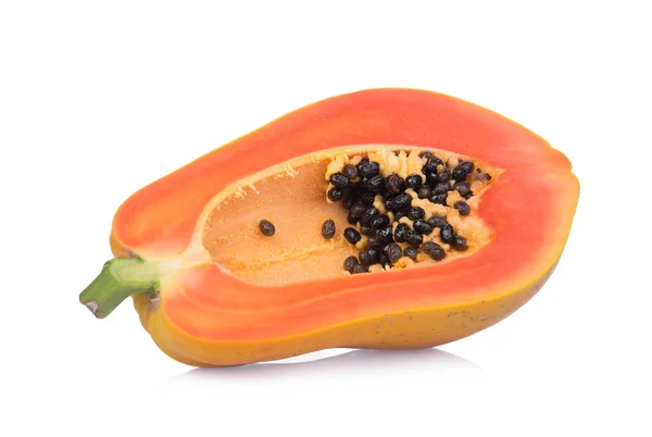 Hälfte Der Reifen Papaya Mit Samen Isoliert Auf Weißem Hintergrund — Stockfoto