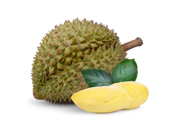 Durian Tropisk Frukt Med Grönt Blad Isolerad Vit Bakgrund — Stockfoto