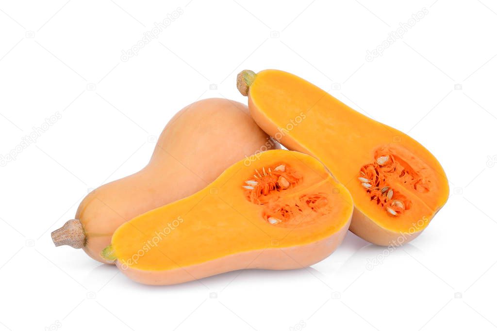 whole and half butternut squash isolated on white background