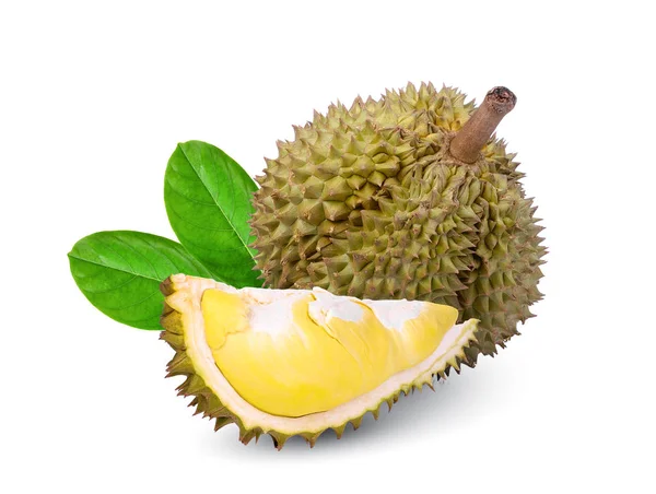 Durian tropikal meyve yeşil yaprak beyaz arka plan üzerinde izole