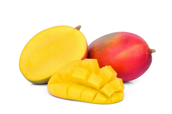 Całości Pół Dojrzałe Owoce Mango Mango Kostki Białym Tle — Zdjęcie stockowe