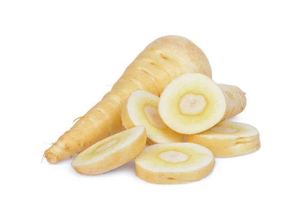 Racine Panais Avec Des Tranches Légumes Isolés Sur Fond Blanc — Photo