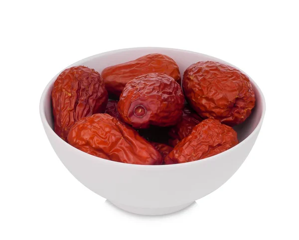 Jujube Chinois Séché Date Rouge Dans Bol Blanc Isolé Sur — Photo