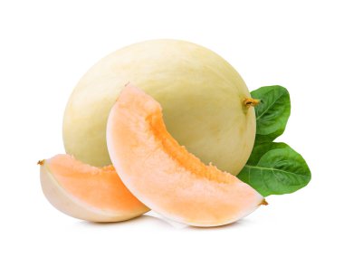 yeşil yaprak beyaz arka plan üzerinde izole bütün ve dilimleri honeydew cantalupe melon(sunlady)