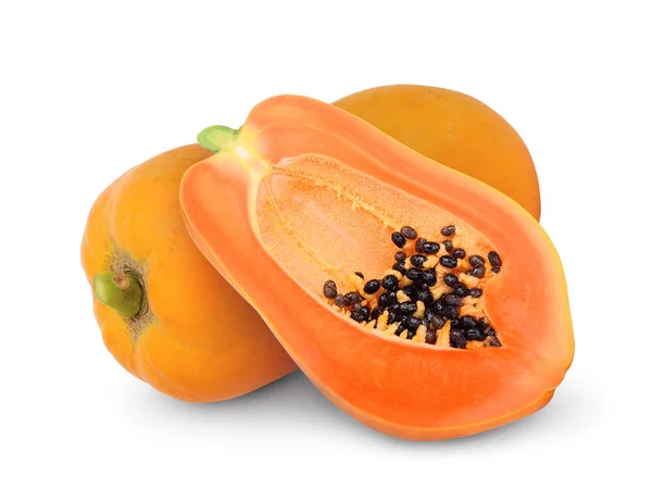 Geheel Helft Van Rijpe Papaya Fruit Geïsoleerd Witte Achtergrond — Stockfoto