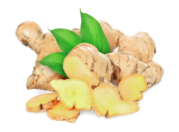 Ginger Dengan Daun Terisolasi Pada Latar Belakang Putih — Stok Foto