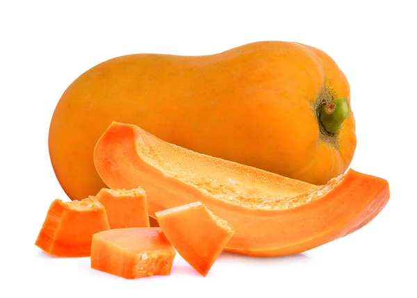 Geheel Voor Rijpe Papaya Met Plakjes Geïsoleerd Witte Achtergrond — Stockfoto