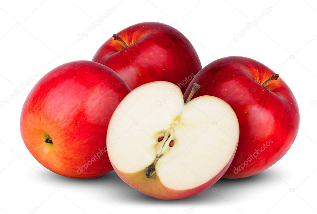 three whole red apple with half isolated on white background