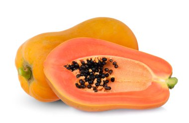 beyaz ba izole tohumları ile bütün ve yarım olgun Papaya meyve