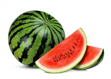 Beyaz arka plan üzerinde izole bütün ve dilim karpuz