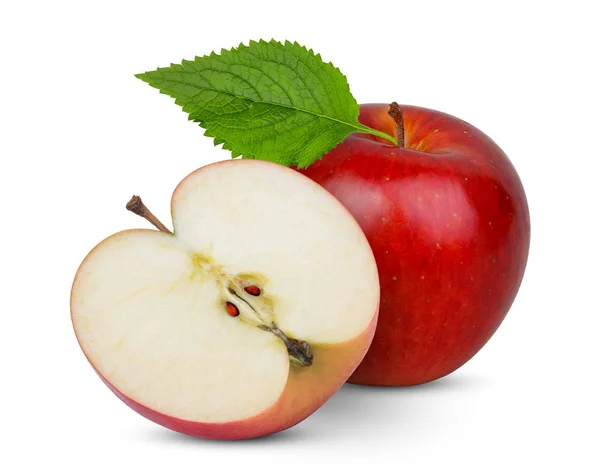 Manzana roja entera y media con hoja aislada sobre fondo blanco — Foto de Stock