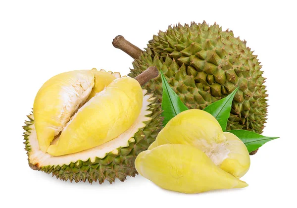 Buah durian dengan daun terisolasi pada latar belakang putih — Stok Foto