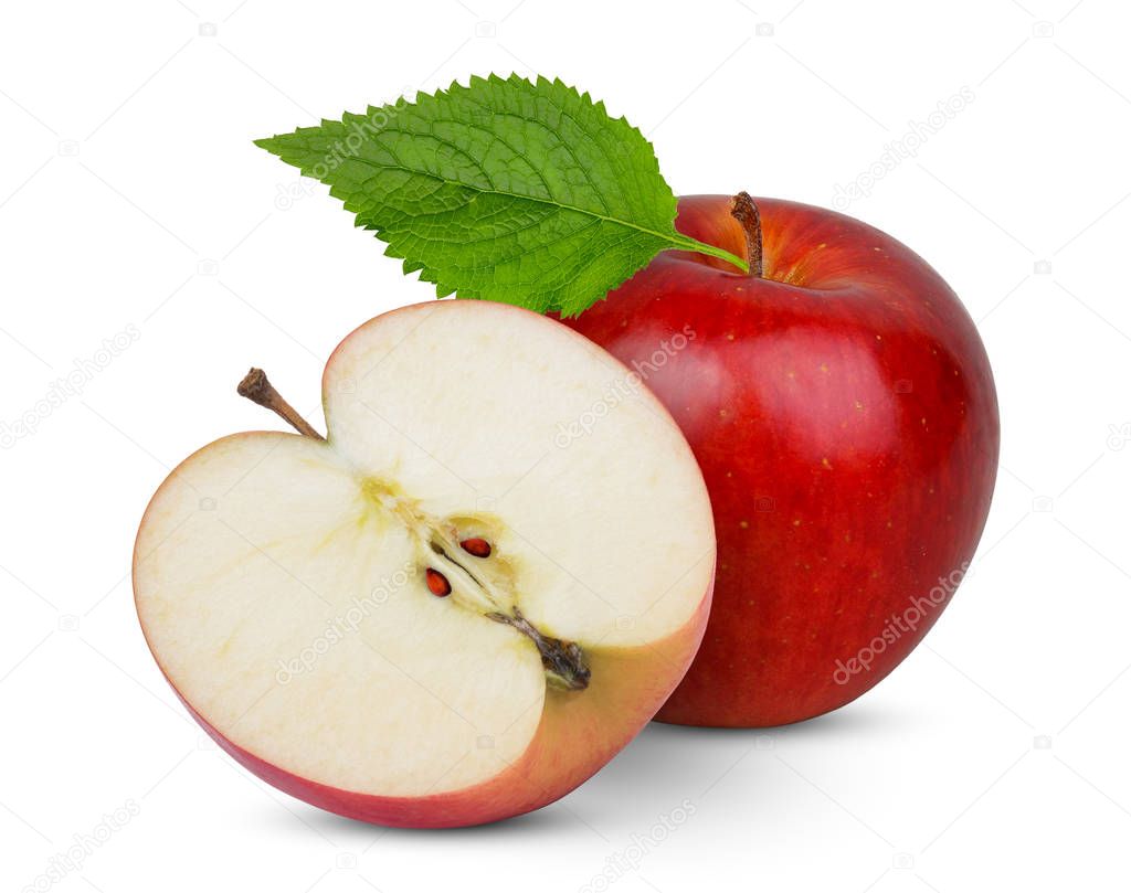whole and half red apple with leaf isolated on white background