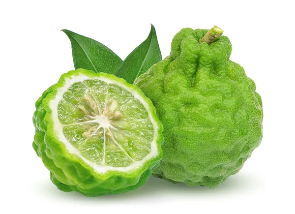 Fruta de bergamota entera y media con hoja aislada sobre fondo blanco — Foto de Stock