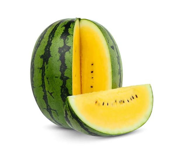Geheel en plak gele watermeloen geïsoleerd op witte achtergrond — Stockfoto
