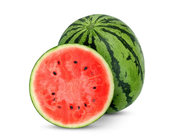 Fruta de melancia inteira e meia isolada sobre fundo branco — Fotografia de Stock