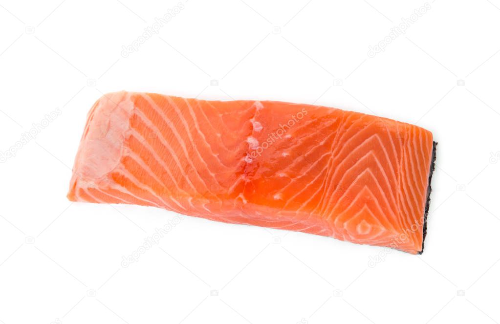 raw salmon piece isolated on white background, top view