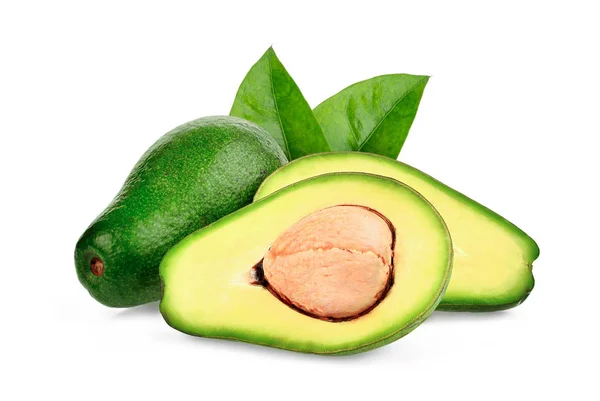 Hele en halve avocado met blad geïsoleerd op witte achtergrond — Stockfoto