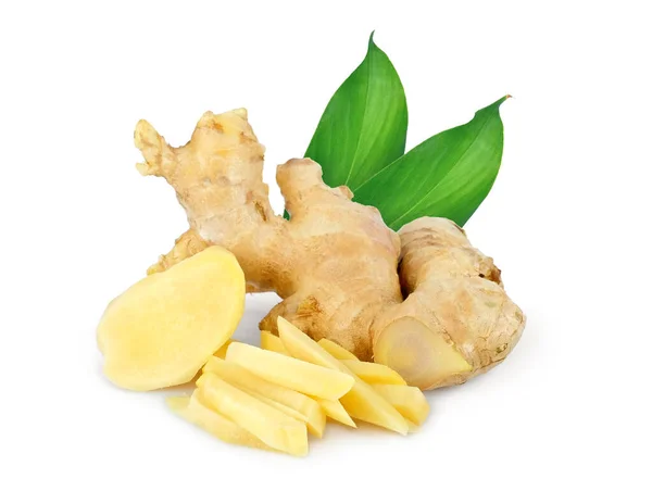 Ginger Dengan Daun Terisolasi Latar Belakang Putih — Stok Foto