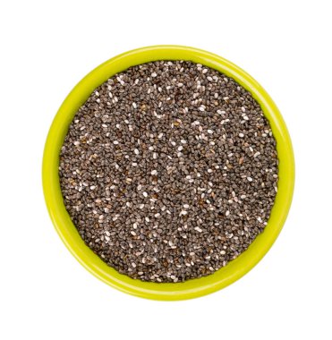 Chia tohum üzerinde beyaz izole bir kase