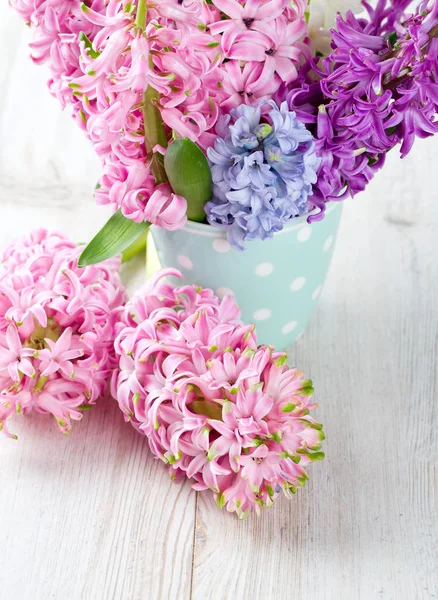 Fleurs Jacinthe Colorées Dans Une Tasse Pois — Photo