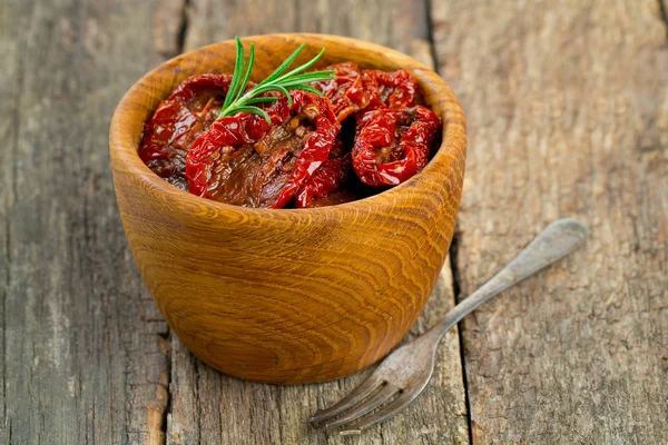 Sun Dried Tomatoes Olive Oil Wooden Surface — Stock Photo, Image