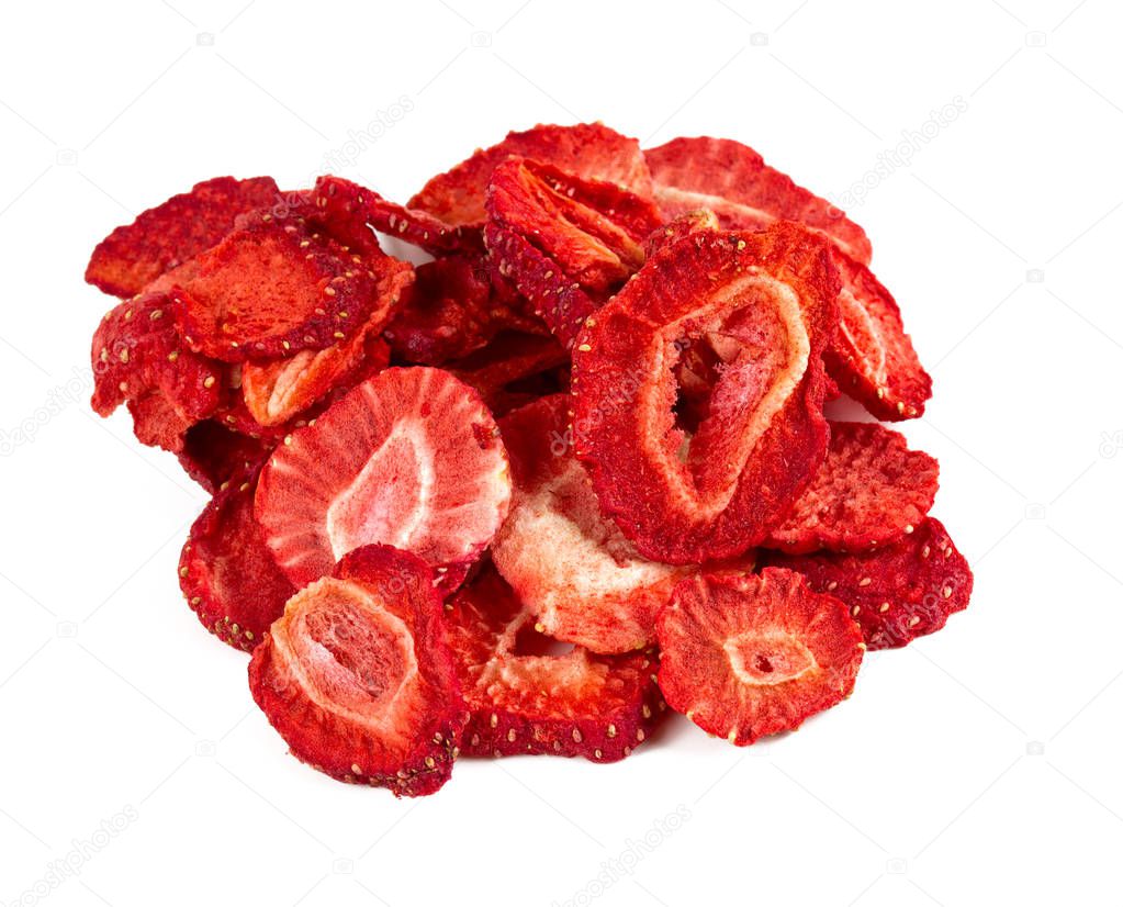 Dehydrated sliced strawberries, isolated on white background