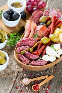 antipasti ve farklı et ve peynir ürünleri ile yemek tabağı