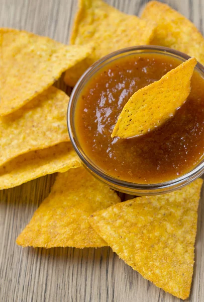 Chips Tortilla Salsa Tomate Tazón —  Fotos de Stock