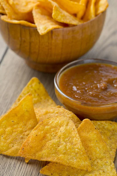 Chips Tortilla Salsa Tomate Tazón —  Fotos de Stock