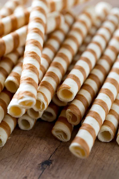 Waffle Rolls Wooden Surface — Stock Photo, Image