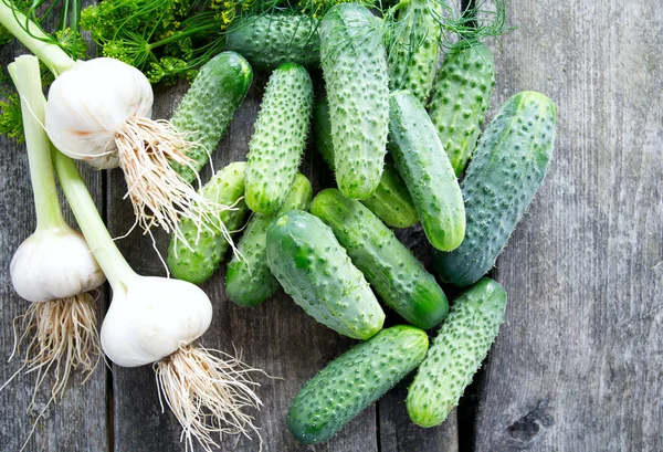 Verse Komkommers Houten Tafel — Stockfoto